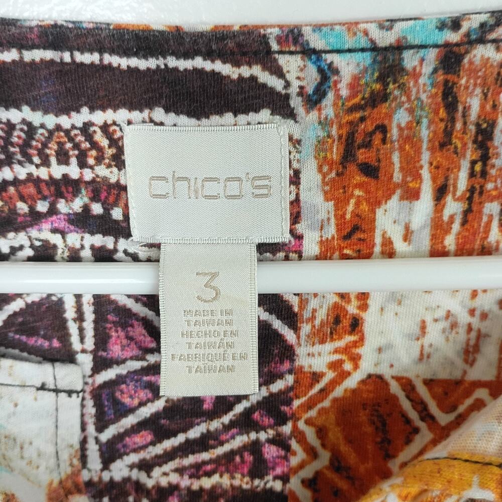 Chico’s Tribal Mixed Print Top Size 3 / XL 3/4 Sleeve Cotton Spring Boho - Picture 4 of 8